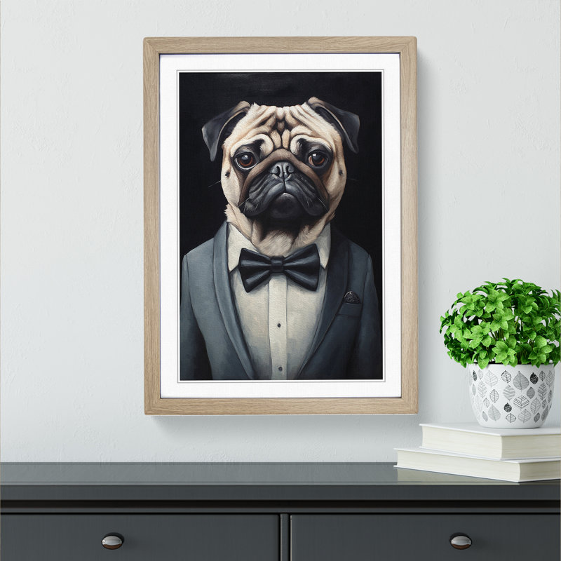 Pug Contemporary - Single Picture Frame Print on Wood, Oak Framed, 34cm H x 25cm W x 2cm D