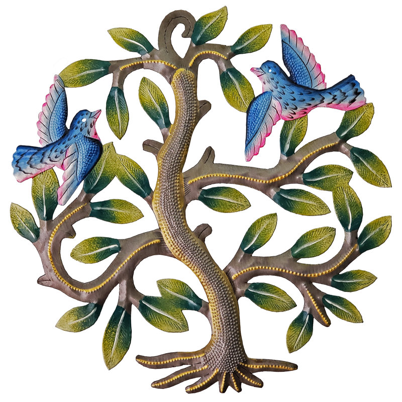Arbre peint avec 2 oiseaux bleus