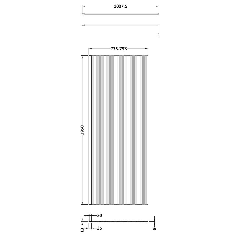 Fluted 1950mm H Frameless Wet Room Screen with Glass, 793 cm