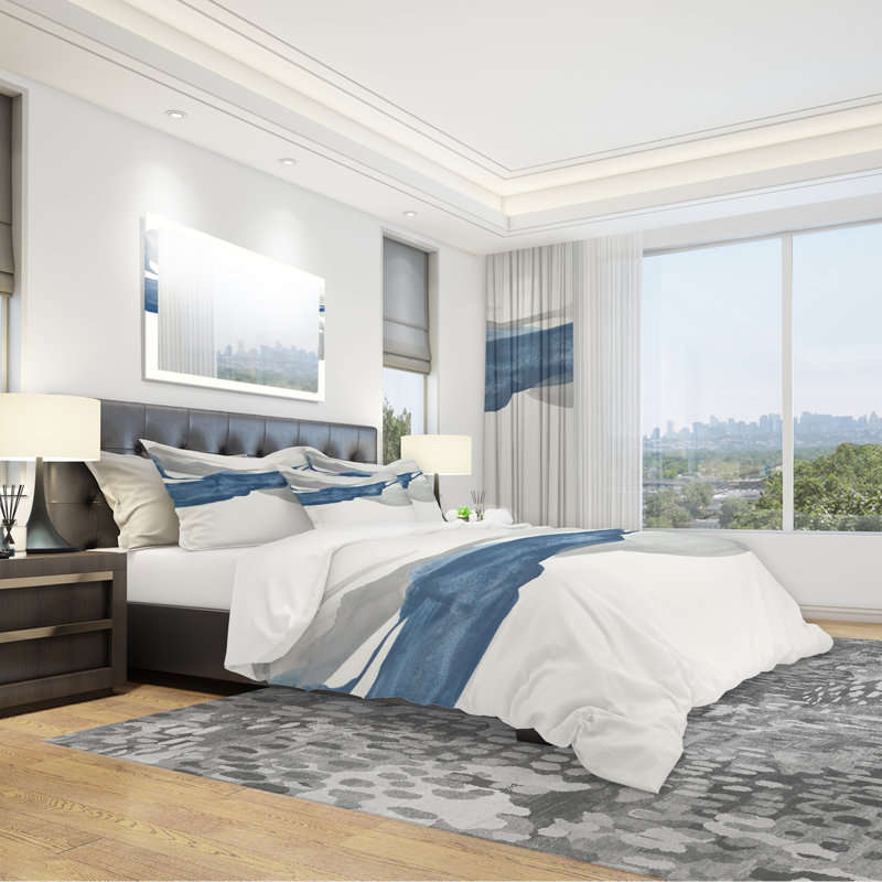 Gouache Sapphire on Gray II - Modern & Transitional Duvet Cover Set - Microfiber Polyester, Twin Duvet Cover + 2 Shams