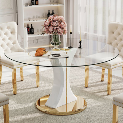 Table de salle à manger sur pied ronde en verre trempé de 47,2 po, table de salle à manger en verre transparent avec base stable pour la salle à manger, le coin-repas et le bureau personnel