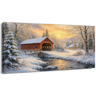 Tableau sur toile représentant un pont couvert en hiver, impression d'image de ferme enneigée 30 x 60 cm