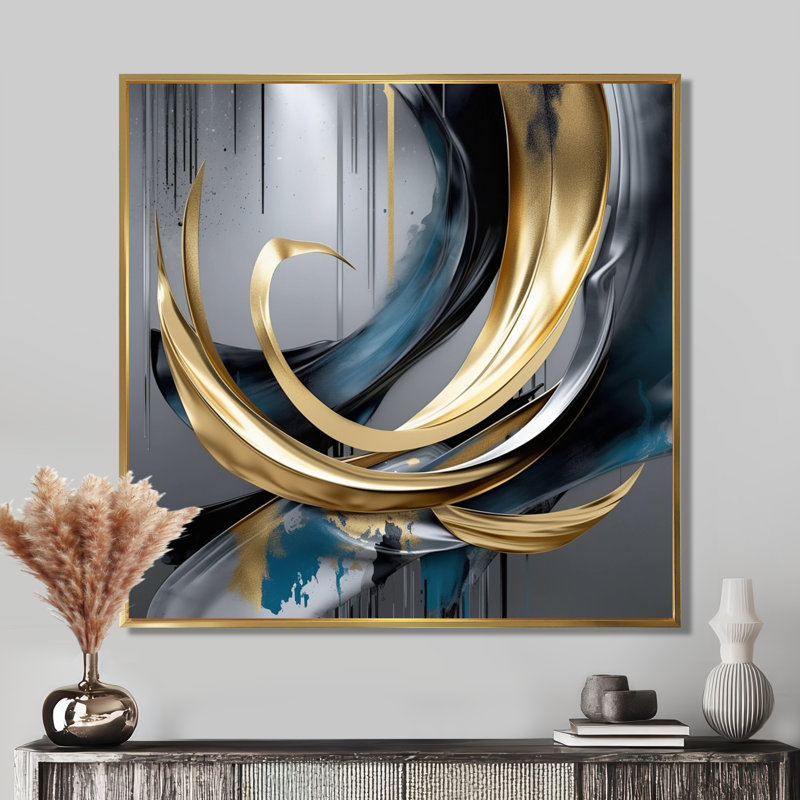 Inception liquide or Curl - vagues art mural salon, Cadre flottant doré, H 36 po x l 36 po