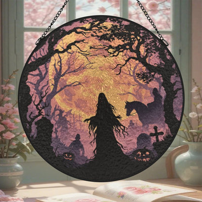 Sorcière d'Halloween, panneaux de vitrail, scène de cimetière