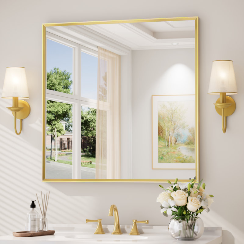 Bathroom Vanity Mirror with Aluminum Frame and Tempered Glass, Brushed Gold, Square, 36" x 36"