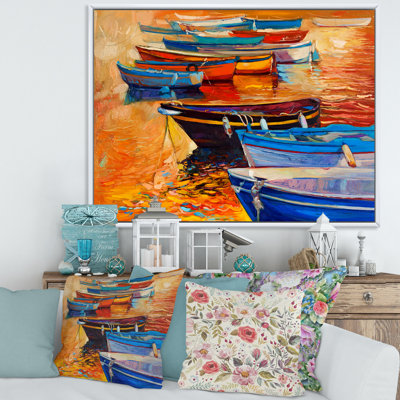 Bateaux dans le port au coucher du soleil chaud - Peinture sur toile