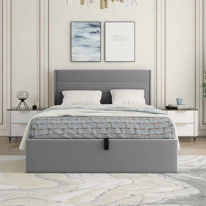 Full Gray Velvet Upholstered Storage Bed with Tufted Headboard