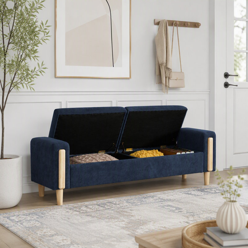 Banc de rangement rembourré avec couvercles doubles et accoudoirs, Bleu