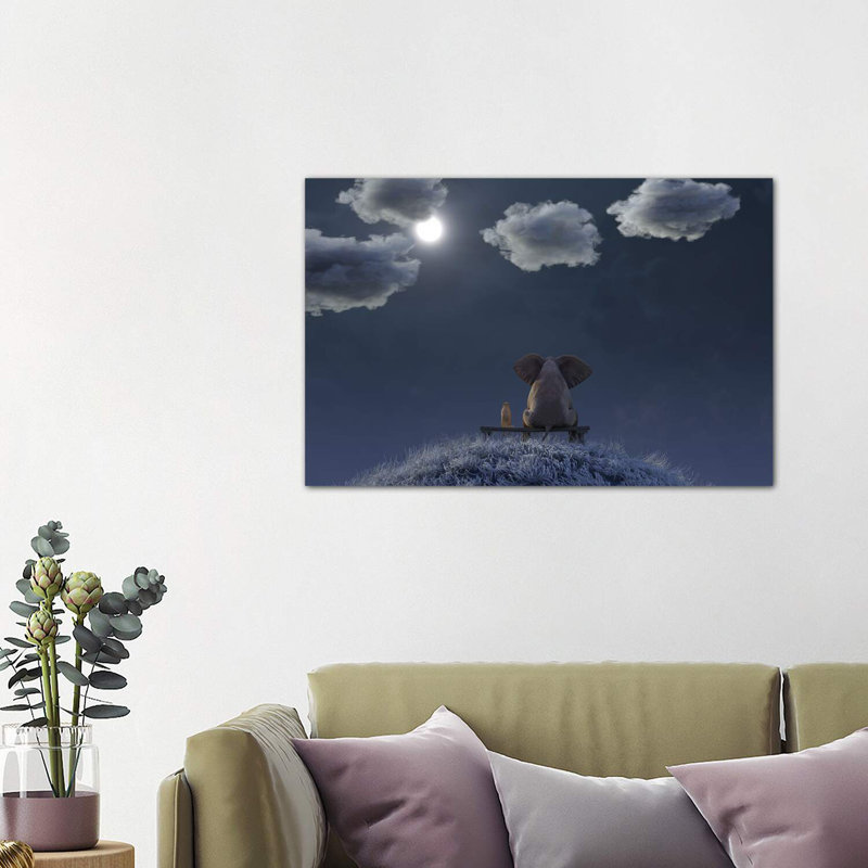 Elephant And Dog Are Sitting On A Meadow On A Moonlit Night by Mike Kiev - Wrapped Canvas Print