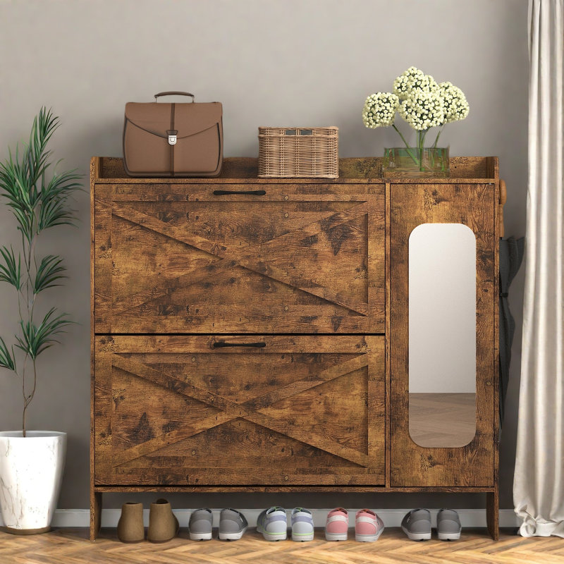 Shoe Storage Cabinet With 2 Flip Drawers, Freestanding Organizer With Metal Legs For Entryway, Narrow Shoe Rack Cabinet, Rustic Brown