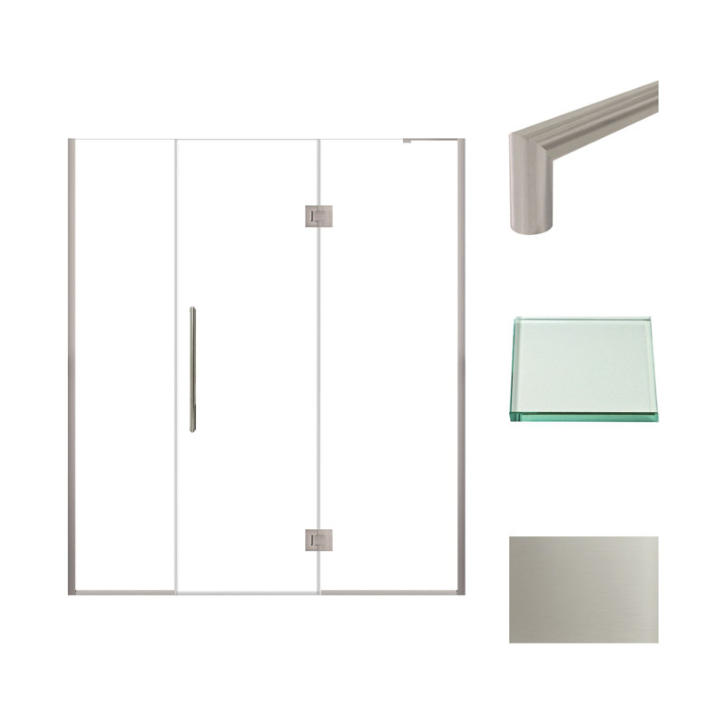Porte de douche à charnière en chrome poli avec verre transparent l 68 po x H 76 po Transolide Elizabeth, Acier Inoxydable