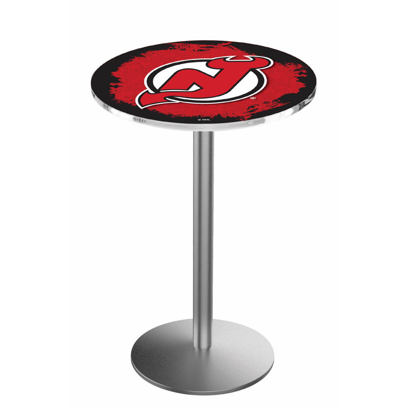 NHL Round Metal Base Dining Table, New Jersey Devils, Stainless Steel
