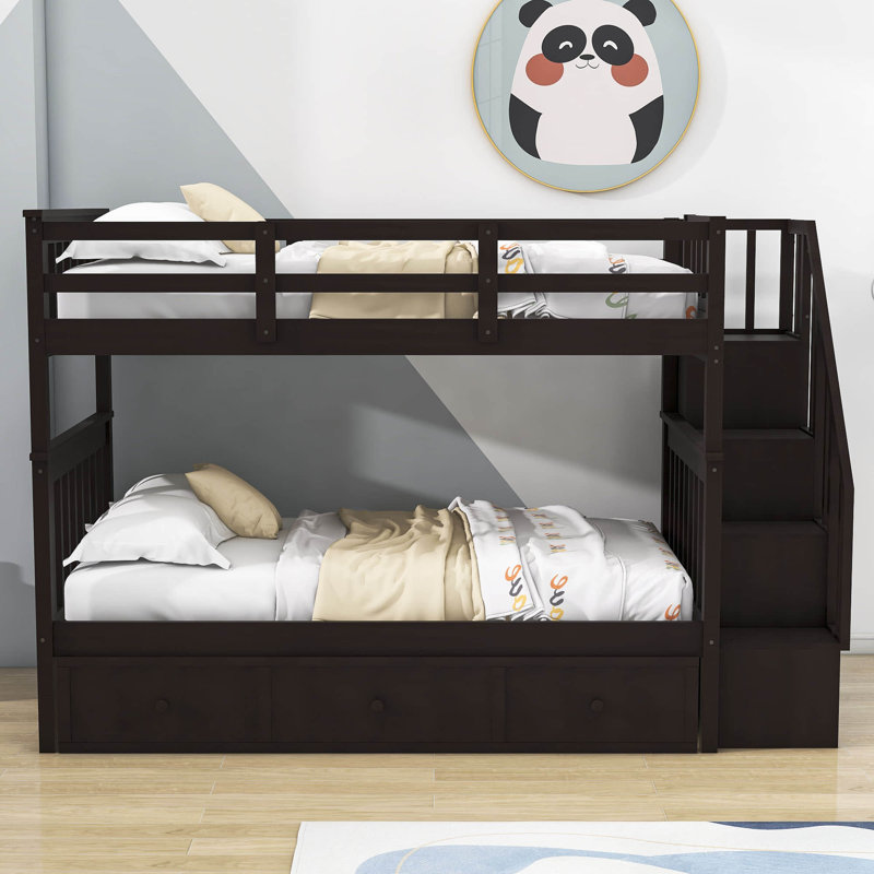 Dkwon Kids Twin Over Twin Bunk Bed with Drawers, Espresso