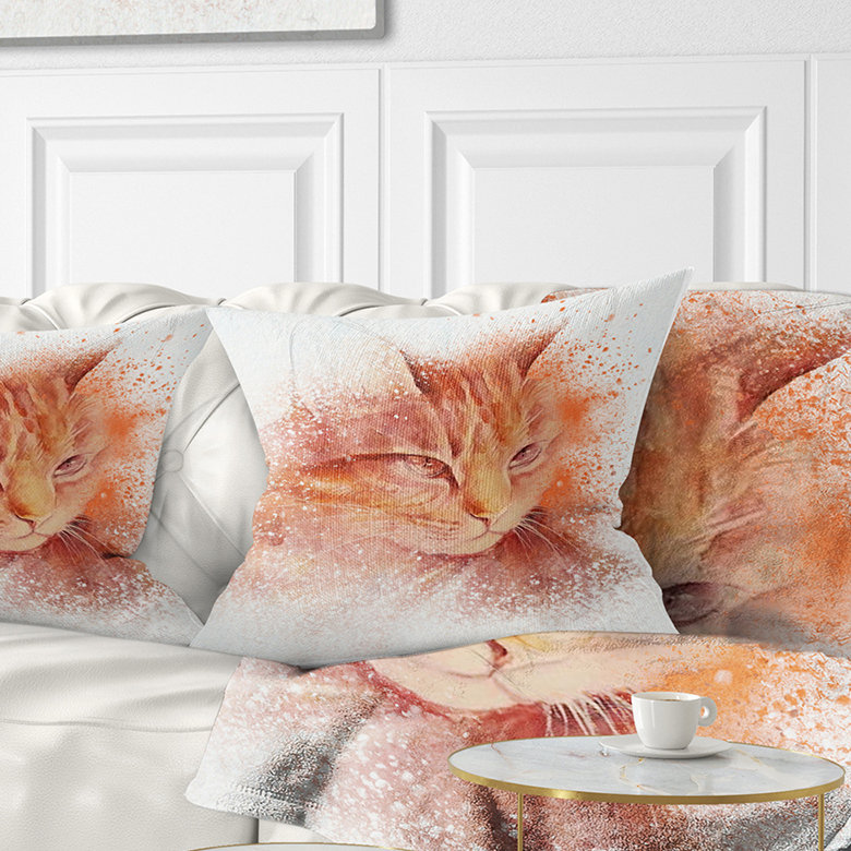 Croquis de visage de chat brun sur fond blanc - coussin imprimé animal, 16 po x 1 po, Coussin décoratif