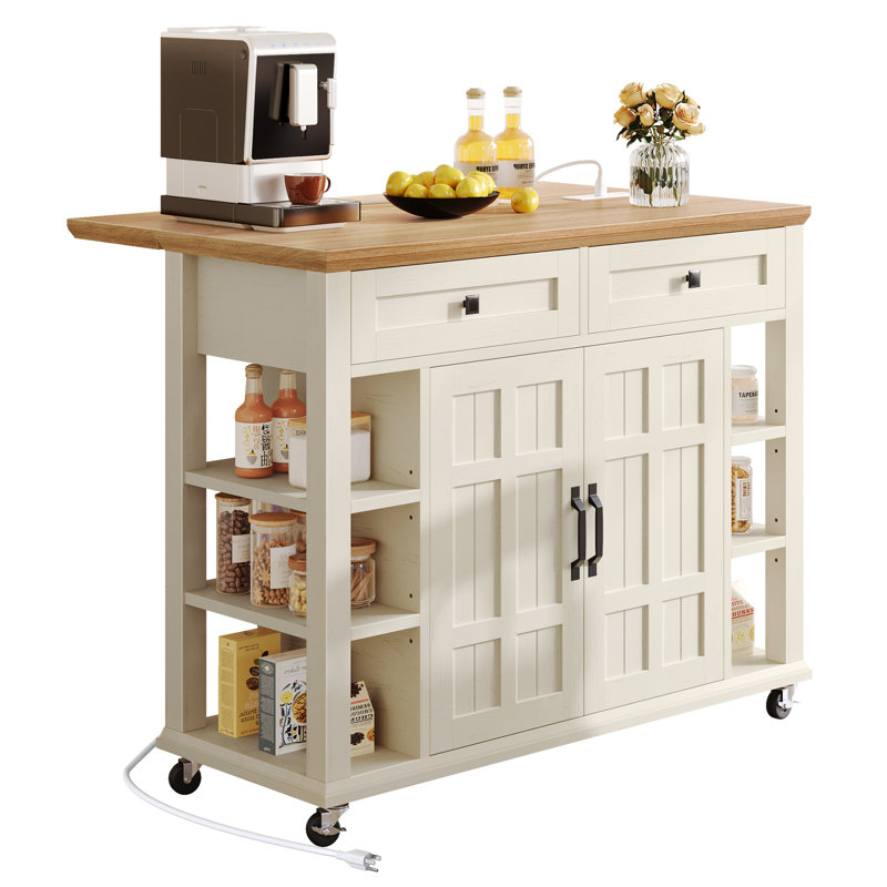 Brianny Rolling Kitchen Cart Island with Foldable Tabletop 2 Drawers and Power Outlet, Vintage White