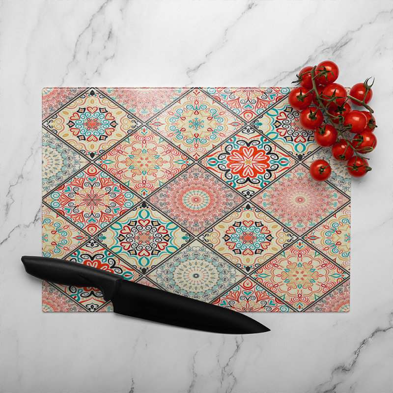 Luxury Oriental Tile Glass Chopping Board, 40cm L x 28cm W