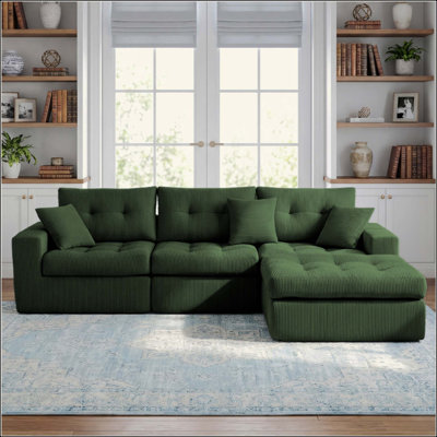 Canapé-lit en coin avec méridienne à compression Corduroy, canapé modulaire en forme de L avec éponge à haute densité, canapé convertible sans assemblage requis pour le salon, appartement, chambre d'amis