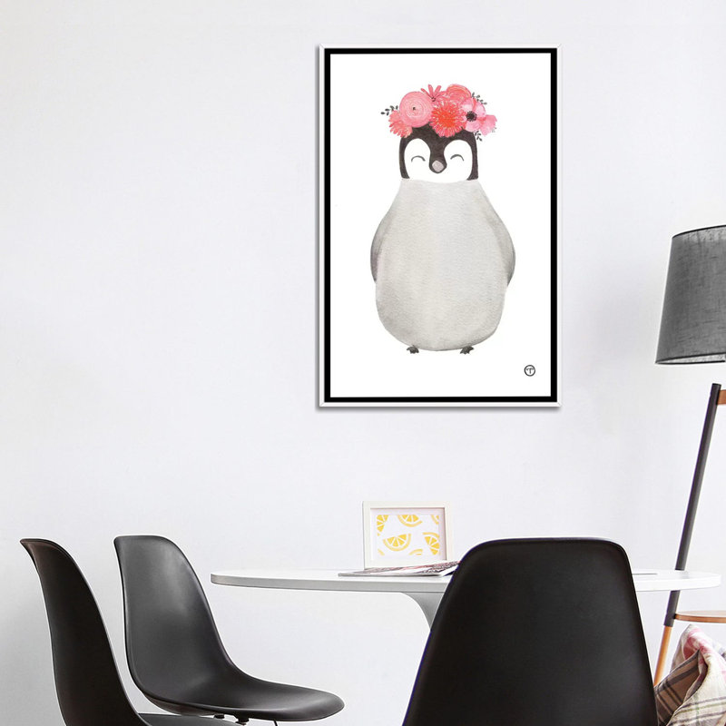 Art pingouin, H 48 po x l 32 po x P 1,5 po, Toile blanche encadrée