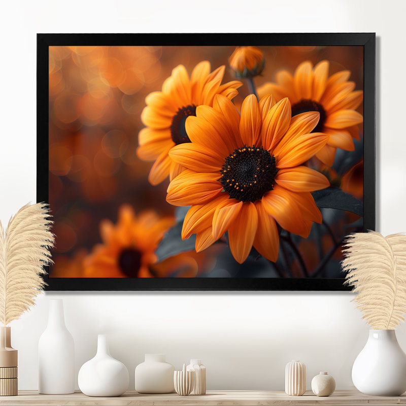 Art mural jaune et noir tournesol en automne II - Tournesols, Toile encadrée noire simple, H 12 po x l 20 po x P 1 po