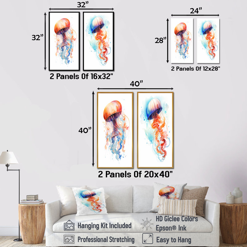 Orange et bleu méduse Jive I - ensemble d'art mural sur toile méduse, Cadre noir, H 28 po x l 25 po