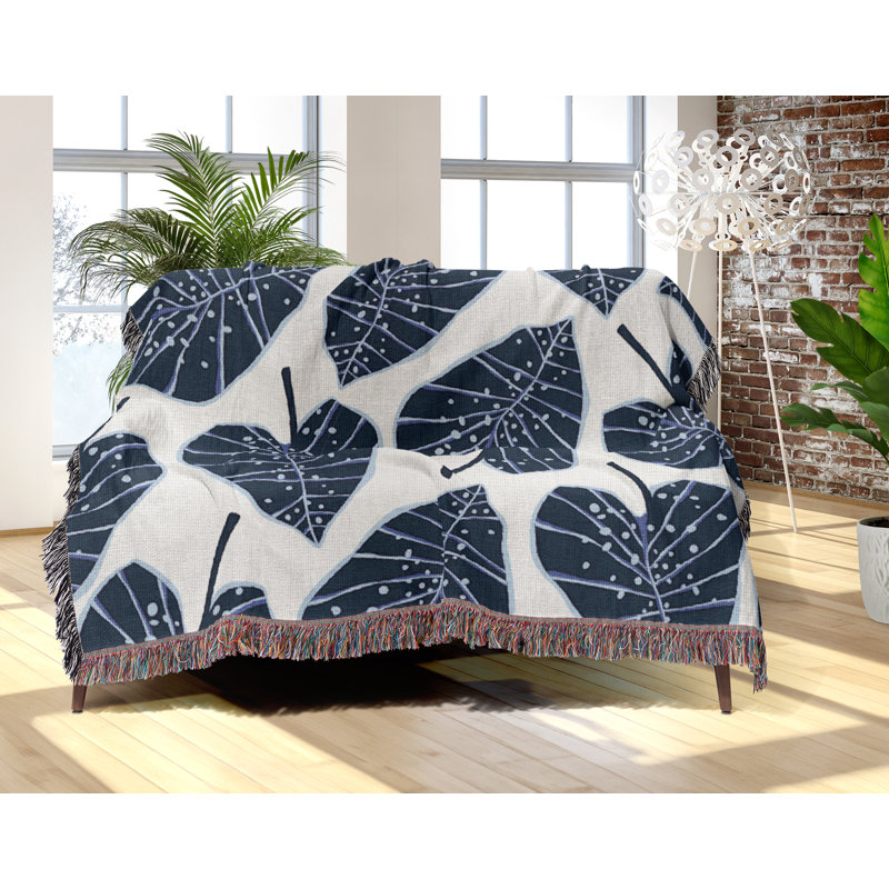 Caladium Floral Cotton Throw Blanket, 50x60, Navy Blue