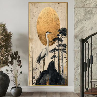 Ayvian Sunrise Heron In Golden Chinese Ink Landscape II - Heron Canvas Print