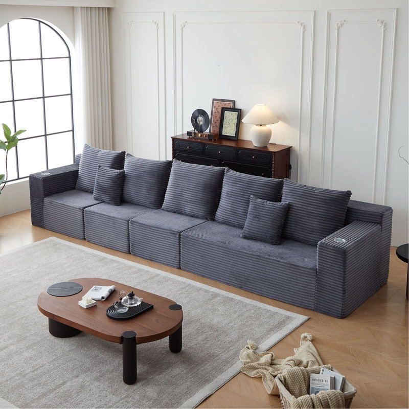 Canapé modulaire profond en velours côtelé avec porte-gobelets, aucun assemblage requis, Gris, H 30 po x l 165 po x P 40,5 po