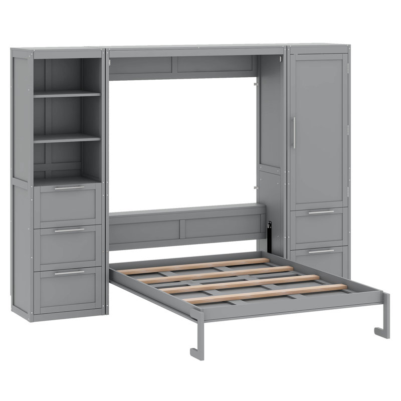 Grand lit escamotable avec tiroirs et tablettes, Gris