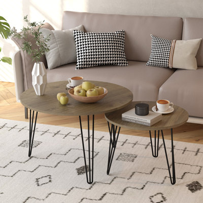 Nesting Coffee Table Set of 2, Round Stacking Side Tables with Metal Hairpin Legs, Modern Nesting Table for Living Room, Apartment, Small Space