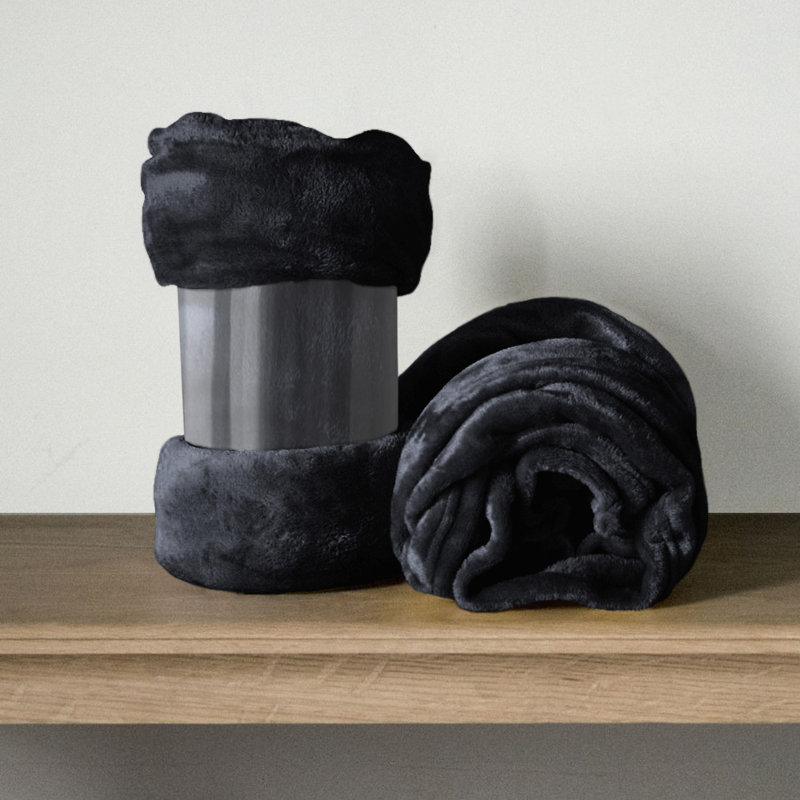 Climax Super Soft Reversible Mink Faux Plush Fur Fleece Blanket Throw, Black, Super King (6')