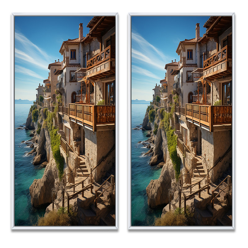 «Espagne Azure Coastline Village», 2 pièces, Cadre blanc, H 32 po x l 32 po