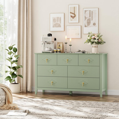 Commode moderne à 7 tiroirs pour chambre à coucher, commode en bois cannelée avec plateau large pour télé, meuble télé pour salon