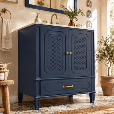 Meuble-lavabo autoportant de 30 po avec lavabo en céramique, meuble-lavabo bleu rétro avec cadre en bois d'acacia, portes à fermeture douce, tablette de rangement réglable et tiroir