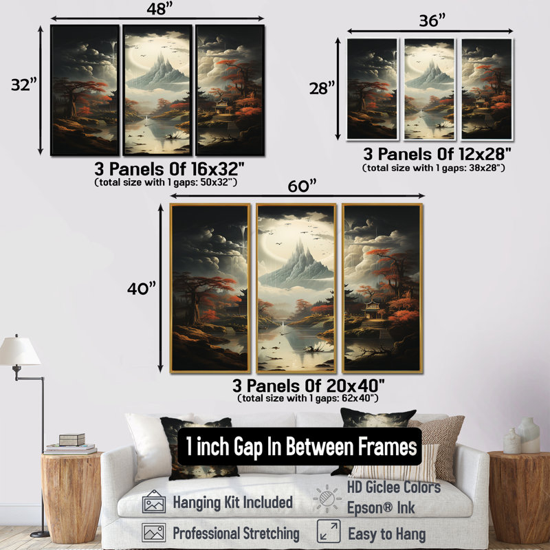 Pagodes en argent, paysage de montagne, ensemble de décorations murales, H 28 po x l 36 po x P 1 po, Cadre flottant noir