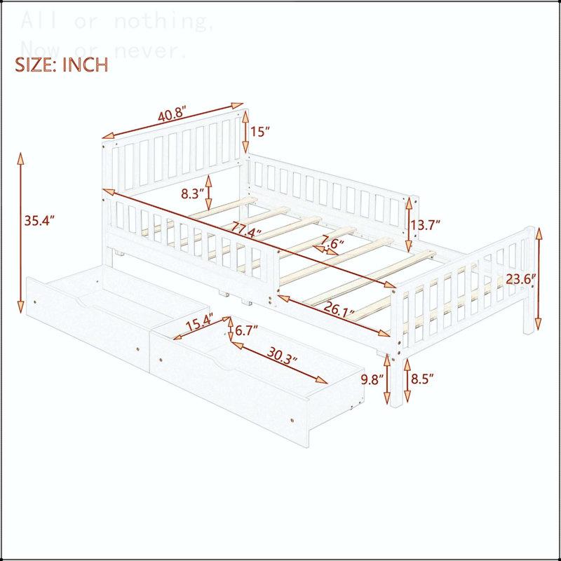 Full Size Wood Platform Bed with Storage Drawers and Safety Guardrails, Twin, Walnut