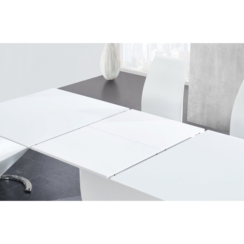 Table de salle à manger blanche à haute brillance, plaque de base en métal, rallonge pour 6 personnes