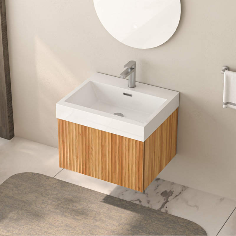 30" Bathroom Vanity with Sink,Wall Mounted Floating Bathroom Cabinet with Integrated Basin Plywood Finish Modern Minimalist Design for Compact Bathrooms Acacia Color