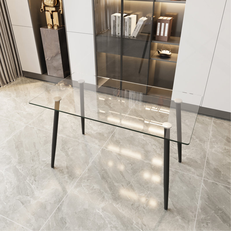 51" Dining Table Modern Minimalist Rectangular Glass For 4-6 With 0.31" Tempered Glass Tabletop And Black Metal Legs, Writing Table Desk