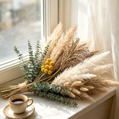 Bouquet d'herbes de pampas séchées - décor d'herbe de pampas boho 100% naturel pour la maison, grandes fleurs séchées pour vase, décor de chambre côtière et scandinave, centre de table de mariage, pampas blanches avec eucalyptus