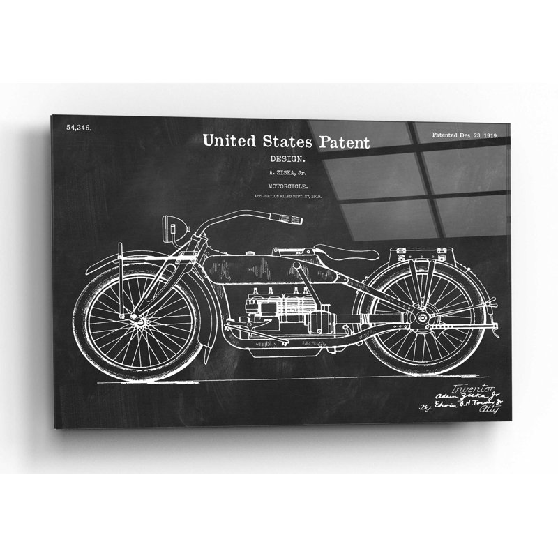 «Vintage Motorcy Blueprint Vernis Chalkboard» par Acrylique, art mural en verre, H 12 po x l 16 po x P 0,13 po