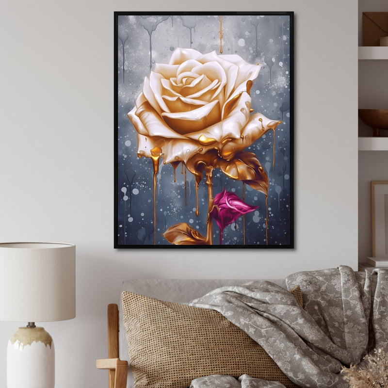 «Gold Cream Rose Reverie» sur toile, H 40 po x l 30 po x P 1,5 po, Cadre flottant noir