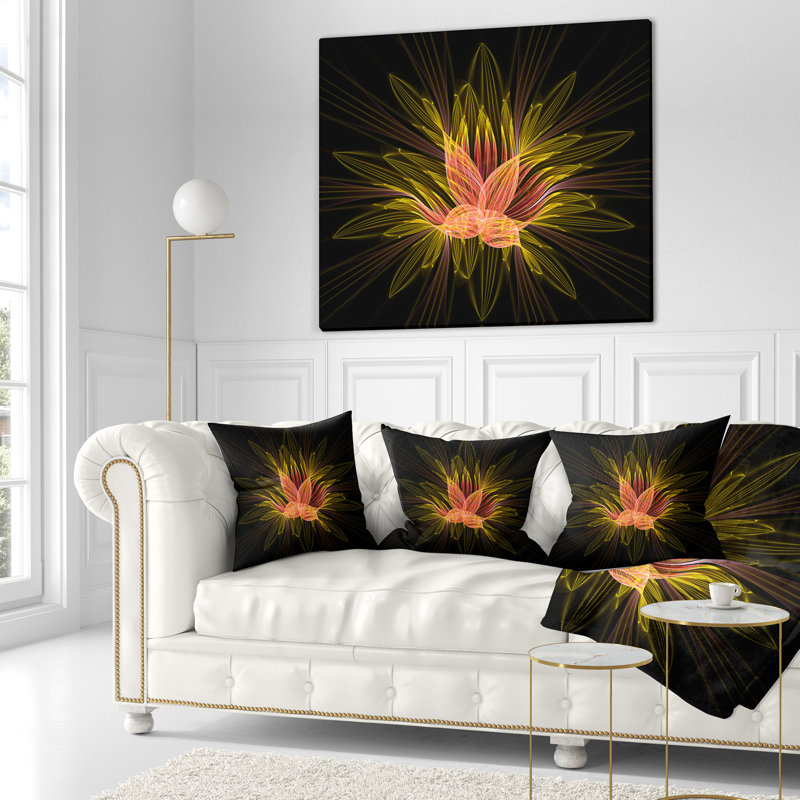 Coussin à imprimé floral jaune et rouge fractal foncé, 16 po x 1 po, Coussin décoratif