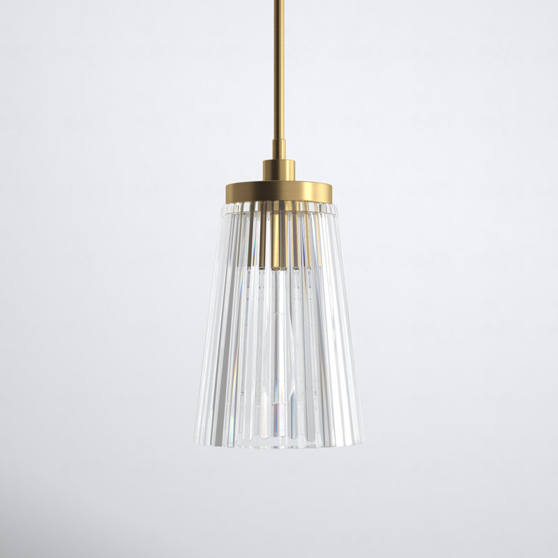 Brass and Clear Ribbed Glass Single Pendant Light