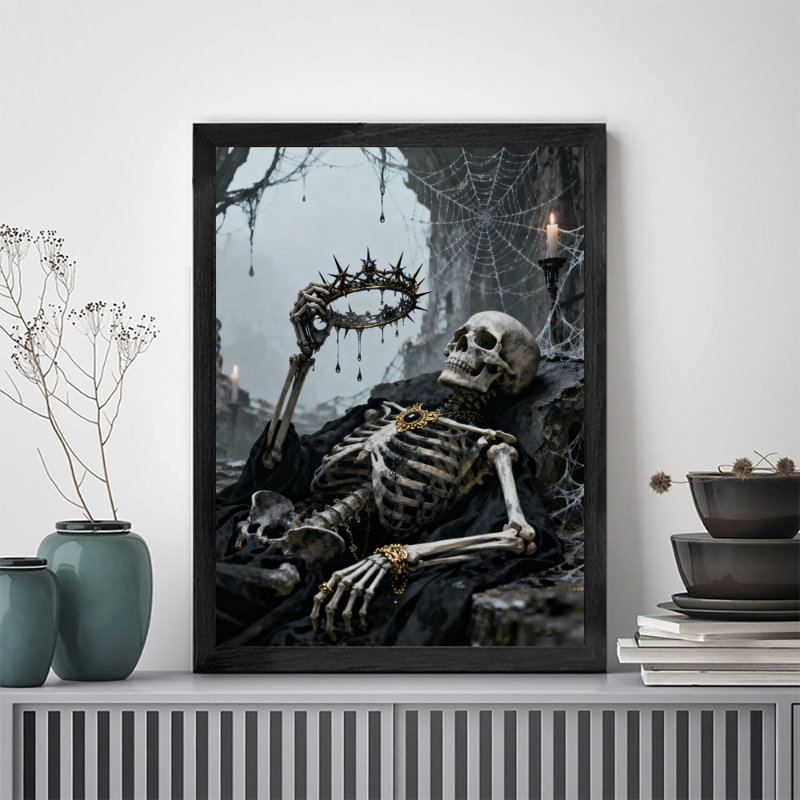 Reproduction d'art encadrée noire rétro crâne gothique foncé, H 25 po x l 17 po