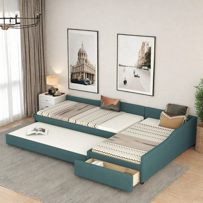 Multifunctional Upholstered Daybed With Trundle And One Drawer, Green