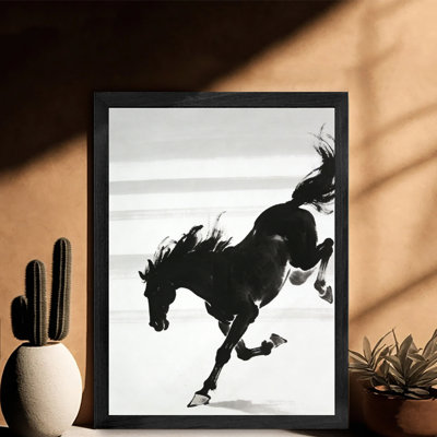 Reproduction d'art mural de qualité supérieure avec cadre en bois noir, cheval qui court, peinture d'art mural avec cadre en bois noir durable pour la décoration intérieure
