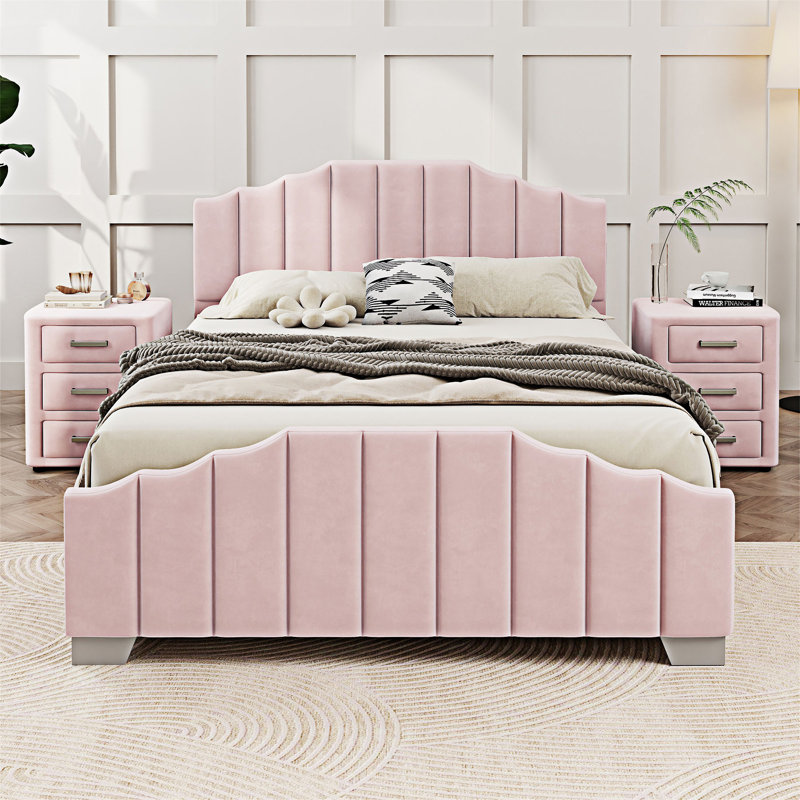 Velvet Upholstered Platform Bed, Full / Double, Pink