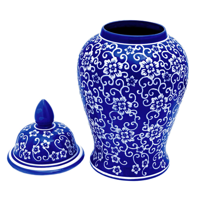 Pot de temple chinois intemporel, Fleurs bleue, 18"