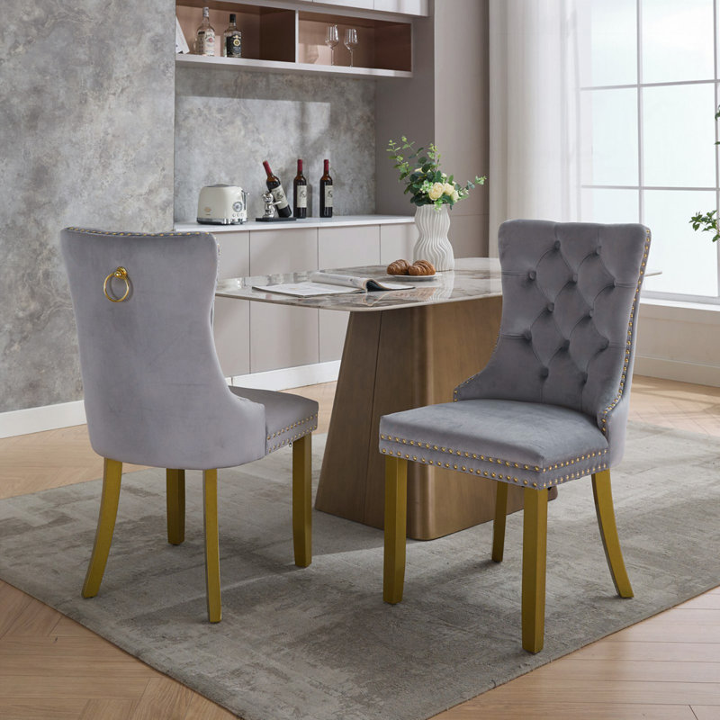 Modern Tufted Upholstered Dining Chair with Nailhead Trim and Solid Wood Legs, Gold, Velvet Gray