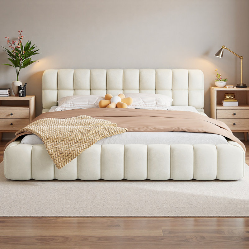 Lit plateforme tapissier avec coutures et soutien solide, Beige